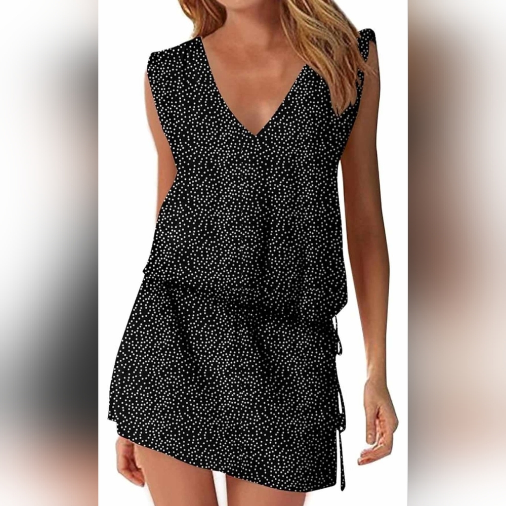Hount Wmns Black/White Polkadot V-neck Cinched Swimsuit Cover-up SzLarge NWT